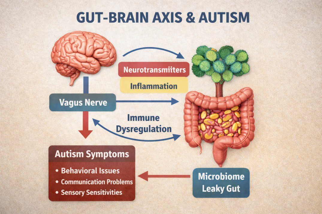 gut–brain axis diagram showing connection to autism symptoms
